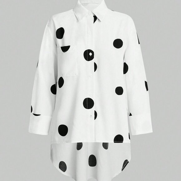 White Casual Women's Long Sleeve Polka Dot Print Loose Shirt - Picture 3 of 5